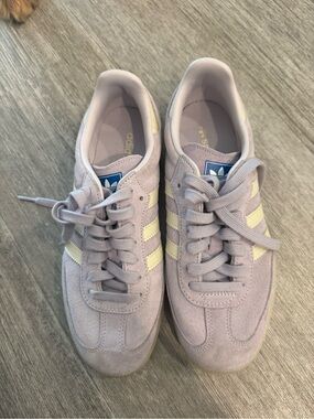 adidas Women’s Lavender Suede Sneakers with Cream Stripes